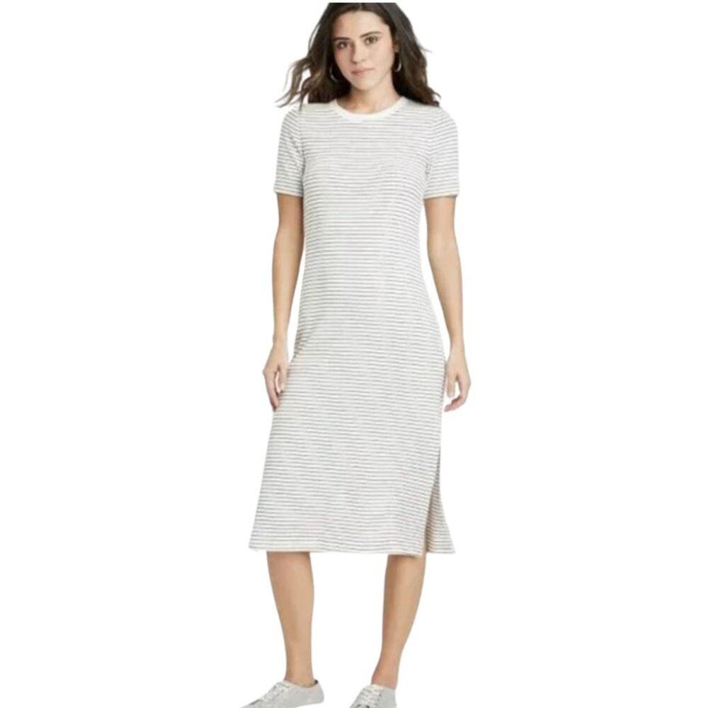 A New Day Short Sleeve Rib Knit T-Shirt Dress White & Black Small